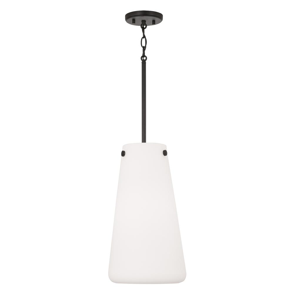 1-Light Pendant in Matte Black with Tapered Soft White Glass